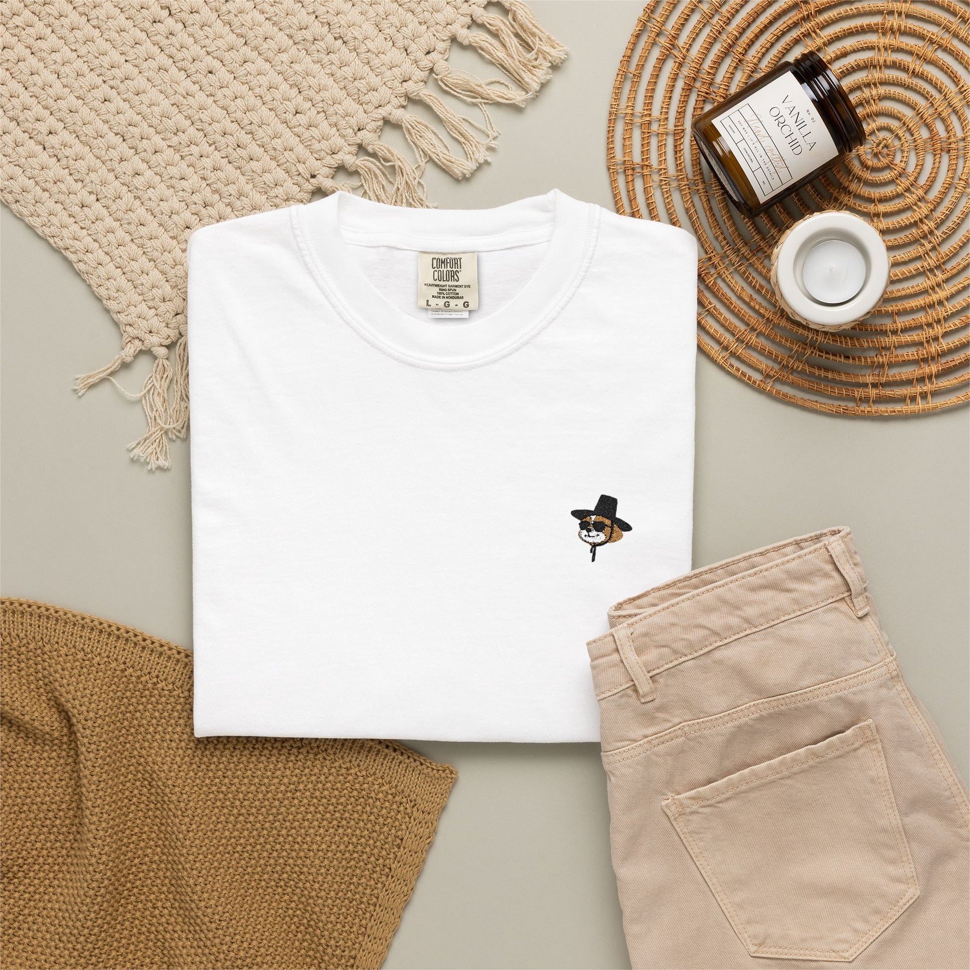 Embroidered Shih Tzu Dog Short Sleeve T-Shirt - Korean Gat Hani, White