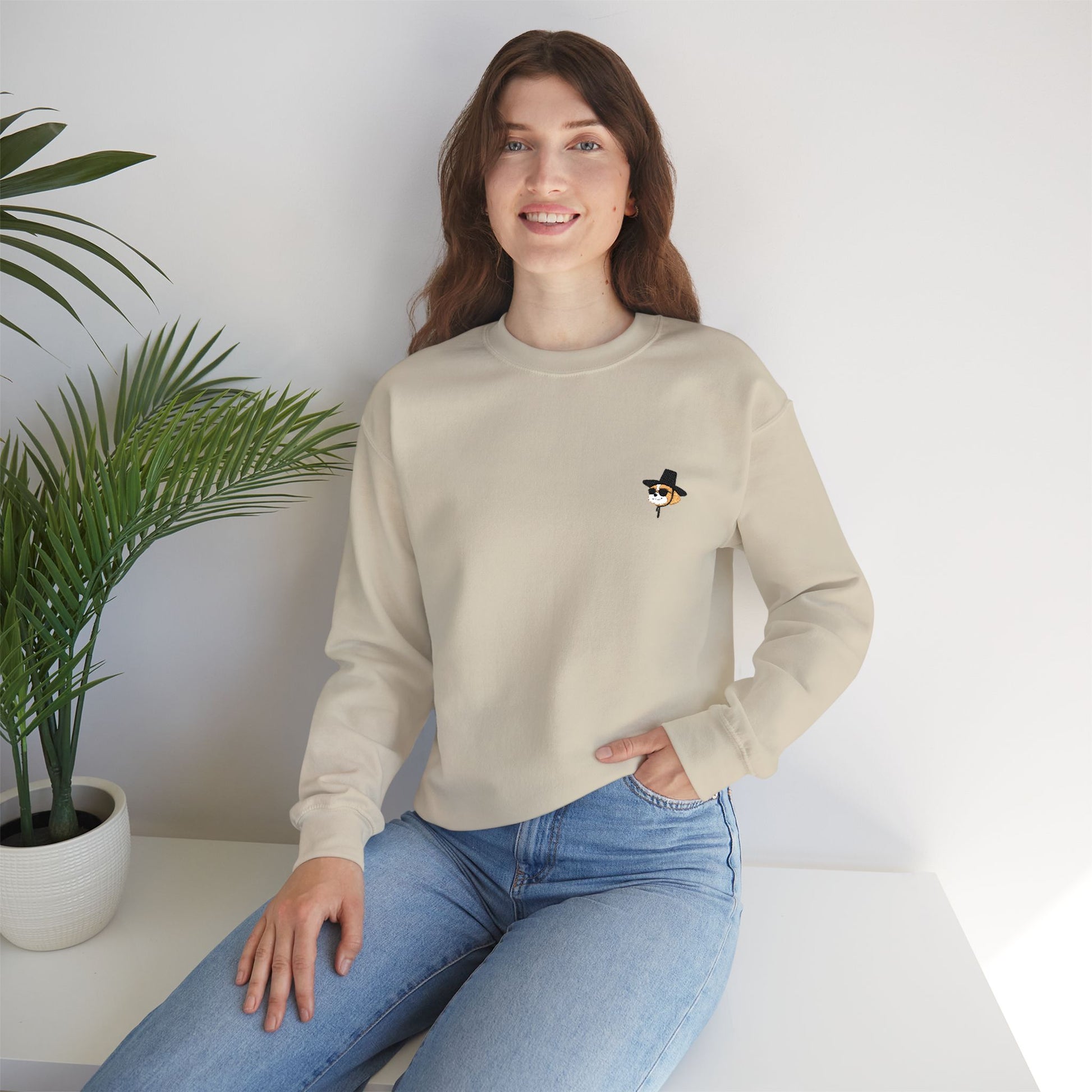 Embroidered Shih Tzu Dog Crewneck Sweatshirt - Korean Gat Hani, Sand